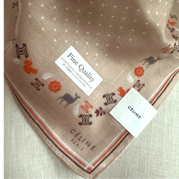 NWT Celine Beige Polka Dot Deer and Logo Patterned Fall Motif Cotton Scarf 20” - Picture 2 of 4